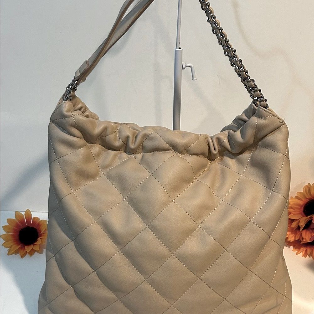 INC International Concepts Tan Quilted Chain Shoulder Bag Hobo Tote - Picture 5 of 13
